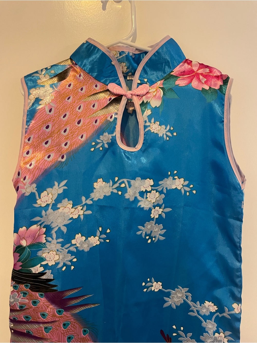 Girls Blue Floral & Peacock Print Mandarin Dress